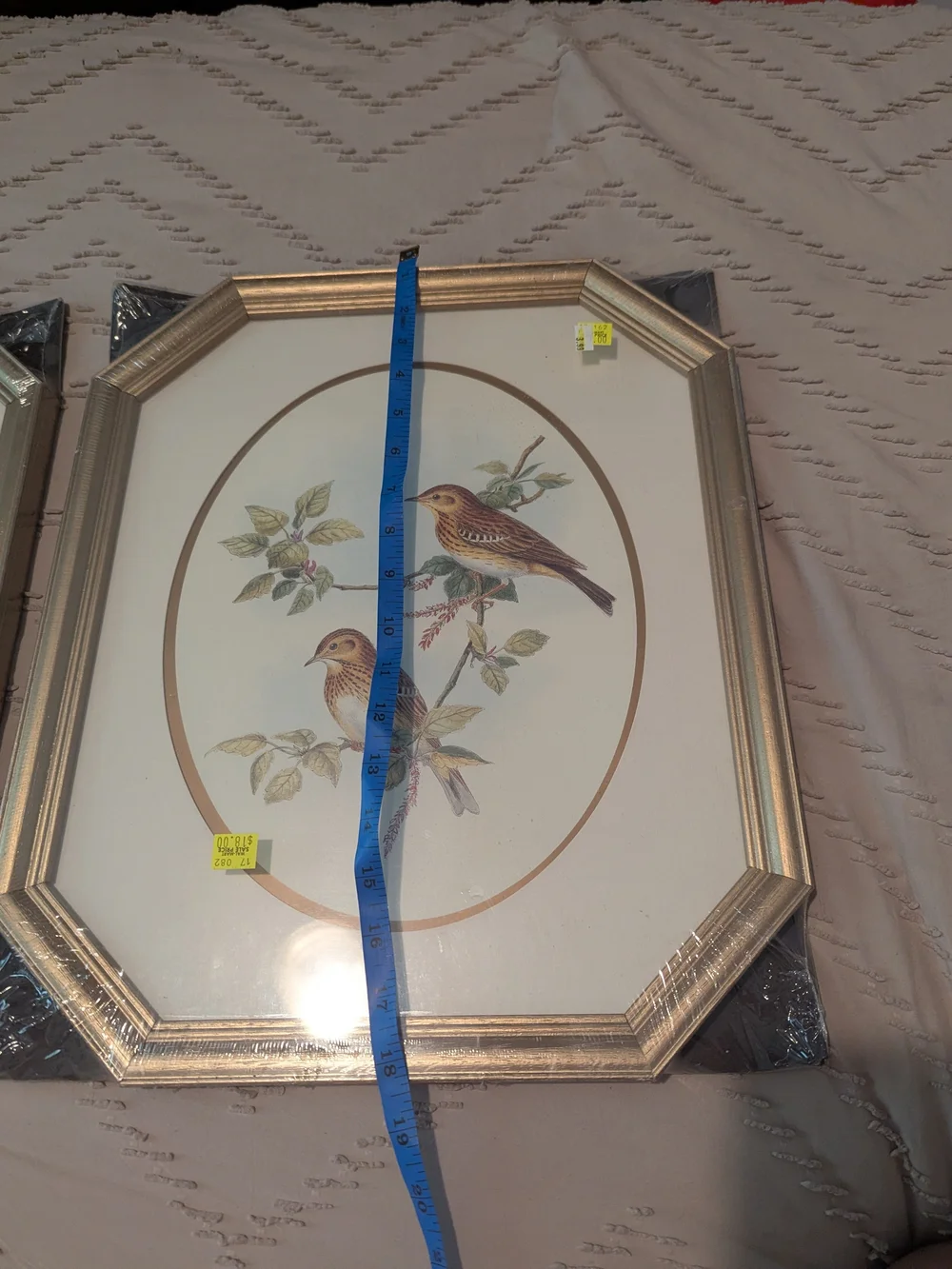 Vintage Mid Century Birds Print Art Octagonal Gold Frame Solid Wood 18x15 Sealed